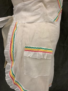 Womens, Apron, N/L, White, Green, Yellow, Red, Cotton, Solid, O/S, Sheer White, Green/Yellow/Red Zig Zag Ribbon Trim, Back Tie (aging Color on Tie), Ruffle Trim, 1 Pocket *tie Beginning to Tear Away From Apron*, Tea Stained Ties,