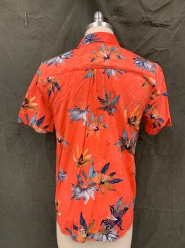 VOLCOM, Red-Orange, Blue-Gray, Orange, Black, Cotton, Viscose, Floral, Button Front, Collar Attached, Short Sleeves, 1 Pocket