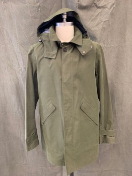 BROOKS BROTHERS, Forest Green, Polyester, Solid, Button Front, Hidden Placket, 2 Flap Pockets, Long Sleeves, Snap Tab at Cuff, Collar Attached, Zip Detachable Drawstring Hood with Snap Closure
