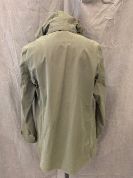 BROOKS BROTHERS, Forest Green, Polyester, Solid, Button Front, Hidden Placket, 2 Flap Pockets, Long Sleeves, Snap Tab at Cuff, Collar Attached, Zip Detachable Drawstring Hood with Snap Closure