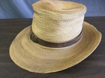 Mens, Historical Fiction Hat , MBA LTD, Tan Brown, Straw, Leather, Solid, 22", Sz. 7, 3" Brim, Flat Top, Dusty/Dirty, 1" Wide Brown Leather Band, Made To Order