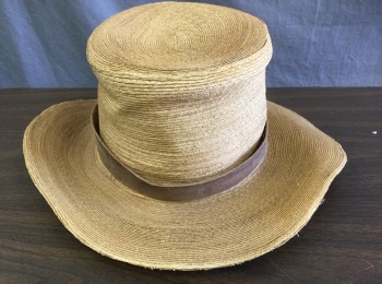 Mens, Historical Fiction Hat , MBA LTD, Tan Brown, Straw, Leather, Solid, 22", Sz. 7, 3" Brim, Flat Top, Dusty/Dirty, 1" Wide Brown Leather Band, Made To Order