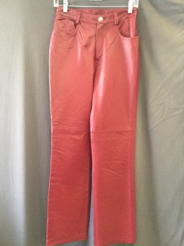 Womens, Leather Pants, NEWPORT NEWS, Dk Red, Leather, Solid, W28, 6, 5 Pockets, Jean Cut, Fully Lined, Medium High Wait, Belt Loops,