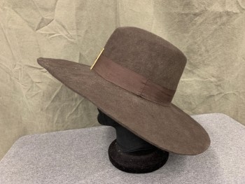 Mens, Historical Fiction Hat , N/L, Dk Brown, Wool, Solid, 7 5/8, Flat Crown, Flat Brim, Faille Hat Band, Art Deco Style Buckle