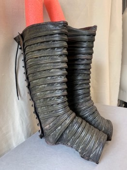 Unisex, Sci-Fi/Fantasy Greaves, MTO, Dk Brown, Leather, Solid, OS, Horizontally Pleated, Faux Lace Up Back with Zip & Velcro Closure
