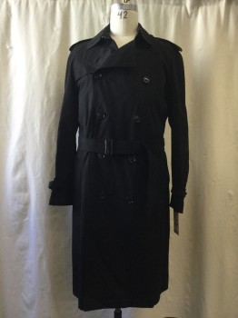 BURBERRY, Black, Cotton, Solid, Double Breasted, 10 Buttons, Collar Attached, 2 Pockets, Epaulets, Belt with D. rings
