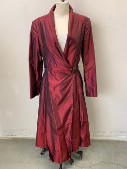 NL, Red Burgundy, Synthetic, Wrap Dress, Deep V Plunge, Long Sleeves, Self Belt Waist, Floor Length Hem