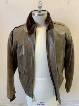 LL BEAN, Coffee Brown, Tan Brown, Leather, Mottled, Bomber, Zip Front, Placket, 2 Patch Pocket with Snaps, Fur Collar, Epaulets, Rib Knit Waistband and Cuffs