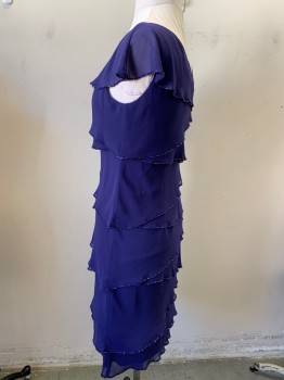 Womens, Cocktail Dress, AFTER FIVE, Aubergine Purple, Polyester, Solid, B38, 10, H38, Sleeveless with a Sheer Ruffle Cap,  Asymmetrical V-neck, Poly Chiffon Beaded Edged Ruffles in Irregular Zigzag Layered Tier