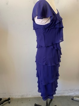 Womens, Cocktail Dress, AFTER FIVE, Aubergine Purple, Polyester, Solid, B38, 10, H38, Sleeveless with a Sheer Ruffle Cap,  Asymmetrical V-neck, Poly Chiffon Beaded Edged Ruffles in Irregular Zigzag Layered Tier
