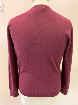 Mens, Pullover Sweater, NEIMAN MARCUS, Red Burgundy, Cashmere, Solid, L, Long Sleeves, V-neck, Rib Knit Collar Cuffs Waistband
