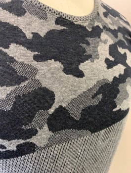 Mens, Pullover Sweater, SAW CLOTHING, Gray, Black, Cotton, Camouflage, Dots, S, Knit, Top is Camo Pattern, Middle is Dash/Dot Pattern, Bottom is Camo, Long Sleeves, Crew Neck