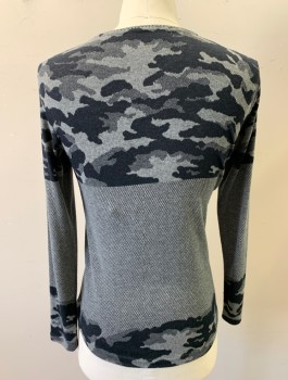 Mens, Pullover Sweater, SAW CLOTHING, Gray, Black, Cotton, Camouflage, Dots, S, Knit, Top is Camo Pattern, Middle is Dash/Dot Pattern, Bottom is Camo, Long Sleeves, Crew Neck