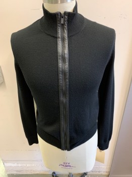 Mens, Cardigan Sweater, MICHAEL KORS , Black, Wool, Solid, S, Ribbed Collar, Zip Front, with Leather Trim