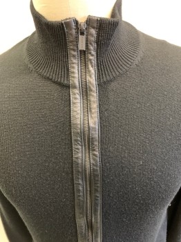 MICHAEL KORS , Black, Wool, Solid, Ribbed Collar, Zip Front, with Leather Trim