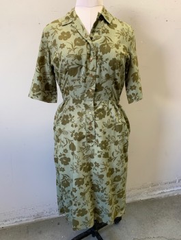 Womens, Dress, WESTBURG FASHIONS, Sage Green, Olive Green, Cotton, Floral, W:30, B:38, H:40, 1/2 Sleeves, Shirtwaist, Collar Attached, Straight Cut at Hips, Gathered at Waist, Knee Length, Belt Loops But No Belt,