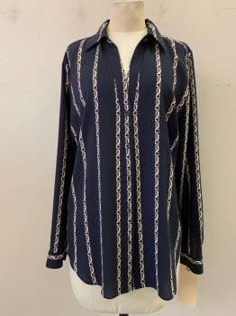 ANN TAYLOR, Navy Blue, White, Brown, Polyester, Stripes, Button Front, V-neck, Collar Attached, Vertical White & Brown Chain-like Stripe, Long Sleeves,