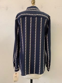 ANN TAYLOR, Navy Blue, White, Brown, Polyester, Stripes, Button Front, V-neck, Collar Attached, Vertical White & Brown Chain-like Stripe, Long Sleeves,