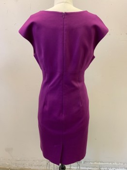 Womens, Cocktail Dress, TRINA TURK, Purple, Wool, Polyester, Solid, B36, 8, W32, V-neck, Cap Sleeve, 3D Flower & Beading Between Left Shoulder & Bust, Zip Back