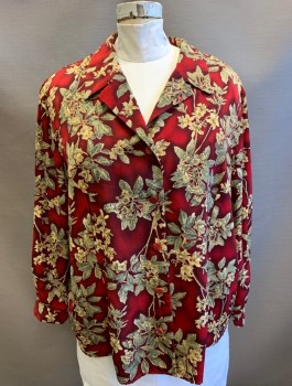 Womens, Blouse, MAGGIE MCNAUGHTON, Maroon Red, Beige, Polyester, Floral, 22W, Long Sleeves, Button Front, Notched Collar Attached, V-neck, Padded Shoulders,
