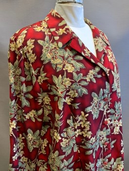 Womens, Blouse, MAGGIE MCNAUGHTON, Maroon Red, Beige, Polyester, Floral, 22W, Long Sleeves, Button Front, Notched Collar Attached, V-neck, Padded Shoulders,