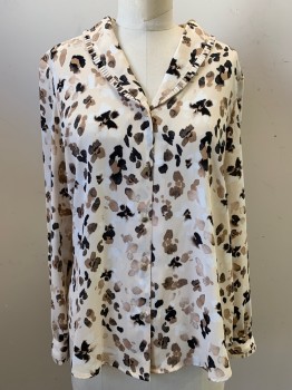 KARL LAGERELD, Beige, White, Lt Brown, Black, Polyester, Floral, Flower Petal Pattern, Spread Collar Attached, Pleated Trim on Collar & Cuffs, Button Front, Long Sleeve