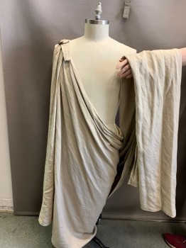 Mens, Historical Fiction Tunic, MTO, Beige, Cotton, Linen, Solid, L, Nice Toga! Worked Copper Pin at Shoulder, Good Length of Fabric Goes Around Back and Over Arm