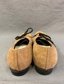 Womens, Shoe, ROBERTS JUNIOR SHOES, Beige, Suede, Solid, 7.5 AA, Flats, Lace Up with Black Laces, Black Suede Tongue Accent with Self Fringe, Almond Toe, Very Low 1/2 Heel, Youthful Teen/Junior Style
