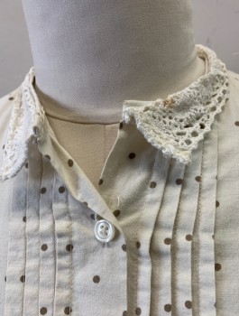 Womens, Blouse 1890s-1910s, N/L MTO, Cream, Brown, Cotton, Polka Dots, B:38, Long Sleeves, Button Front, Tiny White Crochet Collar, Vertical Pleats at Front Along Button Placket, Crochet Trim at Wrists, Made To Order  **Has Large Stain at Front Placket