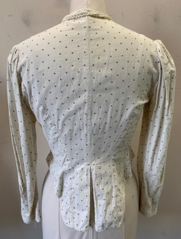 Womens, Blouse 1890s-1910s, N/L MTO, Cream, Brown, Cotton, Polka Dots, B:38, Long Sleeves, Button Front, Tiny White Crochet Collar, Vertical Pleats at Front Along Button Placket, Crochet Trim at Wrists, Made To Order  **Has Large Stain at Front Placket