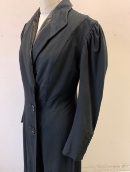 Womens, Coat 1890s-1910s, N/L, Black, Wool, Solid, W:28, B:36, H<38", Riding Coat, 3 Buttons,  Pointed Lapel with Silk Satin Panel, Leg O'Mutton Sleeves with Gathered Shoulder, Floor Length with Tall Vents for Leg Movement,