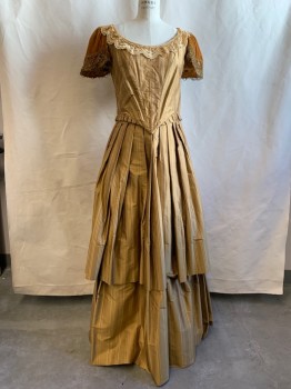 Womens, Historical Fiction Dress, MTO, Ochre Brown-Yellow, Silk, Stripes, W 31, B 36, Self Stripe, Bodice Attached to Skirt, Scoop Neck with Tan/Brown/lace Trim, Goldenrod Velvet Gathered Cap Sleeves with Gold Filigree Lace Embroidery Trim, Hook & Eye Back Closure, 2 Tier Pleated Skirt, Pleated Bodice Hem Trim, 1800's