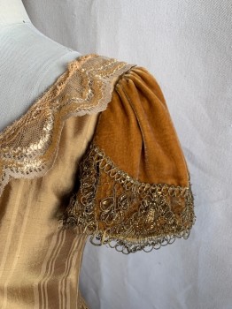 Womens, Historical Fiction Dress, MTO, Ochre Brown-Yellow, Silk, Stripes, W 31, B 36, Self Stripe, Bodice Attached to Skirt, Scoop Neck with Tan/Brown/lace Trim, Goldenrod Velvet Gathered Cap Sleeves with Gold Filigree Lace Embroidery Trim, Hook & Eye Back Closure, 2 Tier Pleated Skirt, Pleated Bodice Hem Trim, 1800's