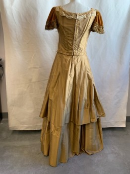 MTO, Ochre Brown-Yellow, Silk, Stripes, Self Stripe, Bodice Attached to Skirt, Scoop Neck with Tan/Brown/lace Trim, Goldenrod Velvet Gathered Cap Sleeves with Gold Filigree Lace Embroidery Trim, Hook & Eye Back Closure, 2 Tier Pleated Skirt, Pleated Bodice Hem Trim, 1800's