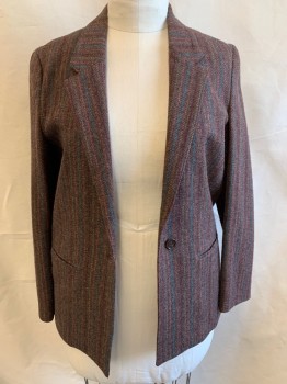 BRENTLEY, Brown, Teal Blue, Orange, Red Burgundy, Wool, Stripes - Vertical , Single Breasted, Notched Lapel, 1 Button, 2 Pockets