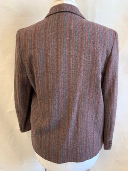 Womens, Blazer, BRENTLEY, Brown, Teal Blue, Orange, Red Burgundy, Wool, Stripes - Vertical , B:38, 14 , W30, Single Breasted, Notched Lapel, 1 Button, 2 Pockets