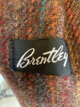 BRENTLEY, Brown, Teal Blue, Orange, Red Burgundy, Wool, Stripes - Vertical , Single Breasted, Notched Lapel, 1 Button, 2 Pockets