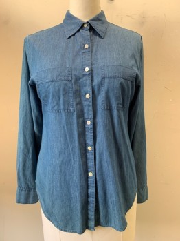 FOX CROFT, Blue, Cotton, Solid, L/S, Button Front, Collar Attached, Chest Pockets
