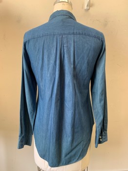 FOX CROFT, Blue, Cotton, Solid, L/S, Button Front, Collar Attached, Chest Pockets