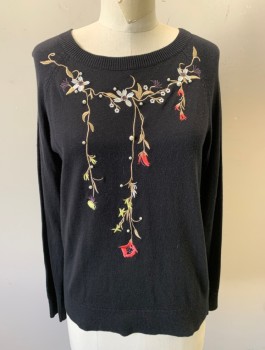 ST. JOHN'S BAY, Black, Beige, Coral Orange, Pearl White, Cotton, Rayon, Floral, Knit, Embroidered Floral/Vines with Pearl Beads, Long Raglan Sleeves, Ribbed Scoop Neck