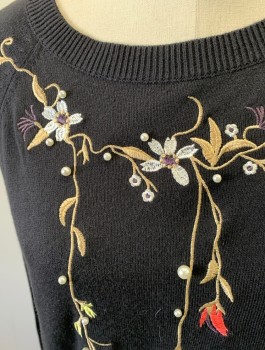 ST. JOHN'S BAY, Black, Beige, Coral Orange, Pearl White, Cotton, Rayon, Floral, Knit, Embroidered Floral/Vines with Pearl Beads, Long Raglan Sleeves, Ribbed Scoop Neck