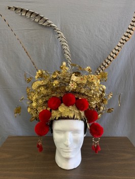 Unisex, Sci-Fi/Fantasy Headpiece, N/L MTO, Gold, Black, Red, Metallic/Metal, Wool, Floral, Abstract , Asian Inspired, Black Felt Coif Covered in Intricate Gold Metal Flowers on Coiled Wires, Large Red Pom Poms Across Front, 3 Tall Pheasant Feathers Attached in Back, Beaded Tassles at Sides, Made To Order