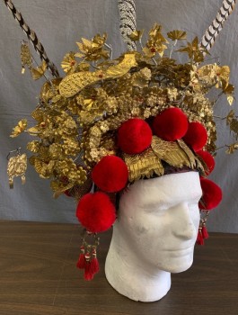 Unisex, Sci-Fi/Fantasy Headpiece, N/L MTO, Gold, Black, Red, Metallic/Metal, Wool, Floral, Abstract , Asian Inspired, Black Felt Coif Covered in Intricate Gold Metal Flowers on Coiled Wires, Large Red Pom Poms Across Front, 3 Tall Pheasant Feathers Attached in Back, Beaded Tassles at Sides, Made To Order