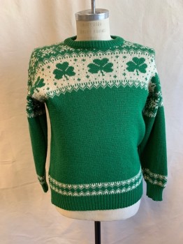 Mens, Sweater, BLARNEY CASTLE, Green, Cream, Wool, Novelty Pattern, Holiday, M, Crew Neck, Shamrock Pattern, St Patrick's Day, Irish,