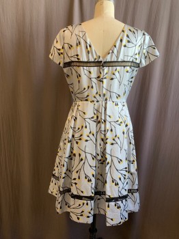 N/L, Powder Blue, Black, Yellow, Cotton, Silk, Floral, Cap Sleeve, Scoop Back Neck, Fagoting Across Chest and 4" From Hem, Box Pleated Skirt, Back Zip