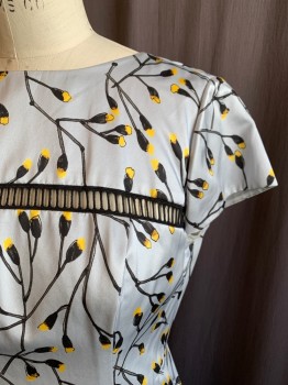 N/L, Powder Blue, Black, Yellow, Cotton, Silk, Floral, Cap Sleeve, Scoop Back Neck, Fagoting Across Chest and 4" From Hem, Box Pleated Skirt, Back Zip