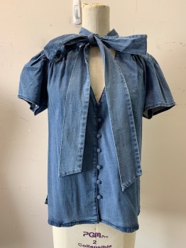 INC, Denim Blue, Lyocell, Cotton, Solid, S/S, Button Front, V Neck With Neck Bow,