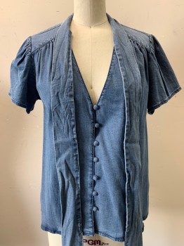 INC, Denim Blue, Lyocell, Cotton, Solid, S/S, Button Front, V Neck With Neck Bow,