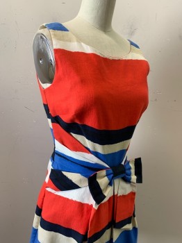 KATE SPADE, Red, Blue, Beige, Black, Cotton, Linen, Abstract , Stripes - Horizontal , Scoop Neck, 1.5" Straps, Self Bow At Waist, Hem Above Knee