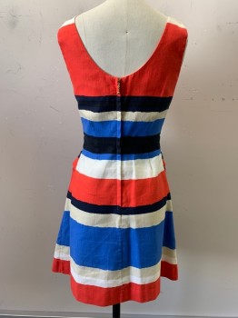 KATE SPADE, Red, Blue, Beige, Black, Cotton, Linen, Abstract , Stripes - Horizontal , Scoop Neck, 1.5" Straps, Self Bow At Waist, Hem Above Knee